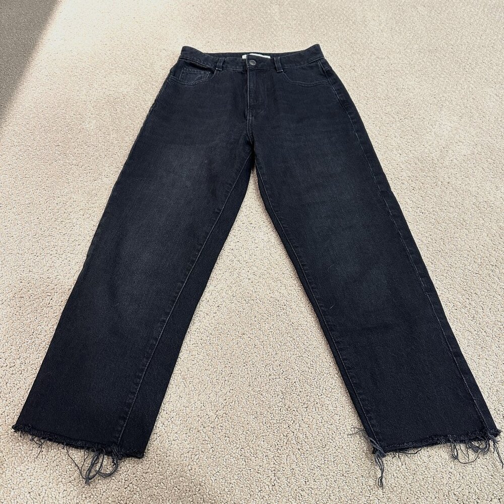 Zara Jeans High Rise Straight Leg Black Wash Raw Hem Boho Frayed Classic Size 4